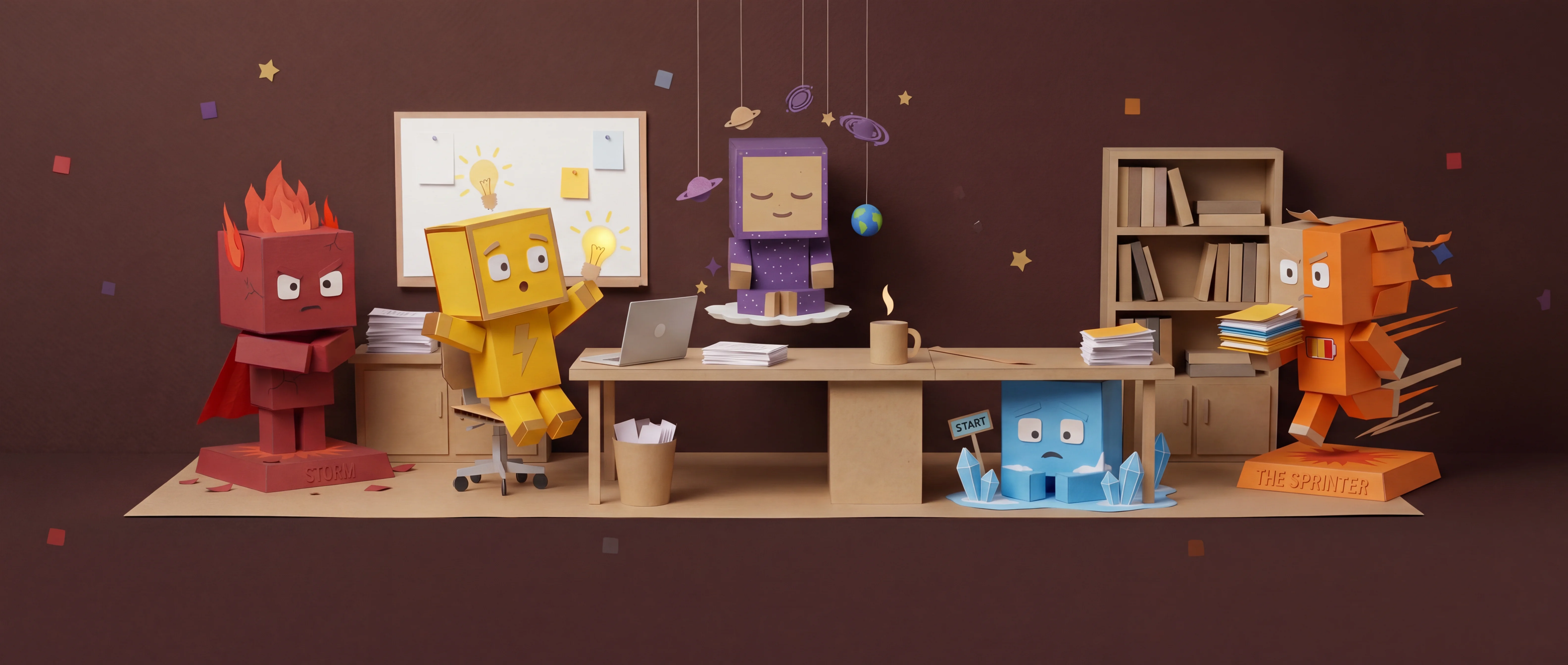 Five ADHD brain mode characters in a paper craft world